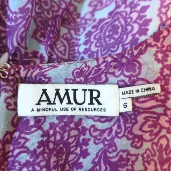 AMUR Twist-Front Dress Purple/Blue Printed Silk Chiffon Size 6 Long Sleeve Mini - Picture 6 of 8
